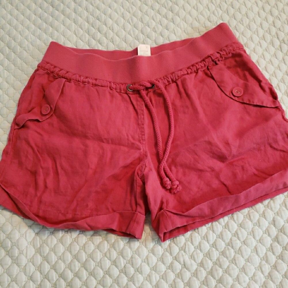 Womens Sz Small Linen Shorts Cuff Drawstring Raspberry Pink Nautical London Jean